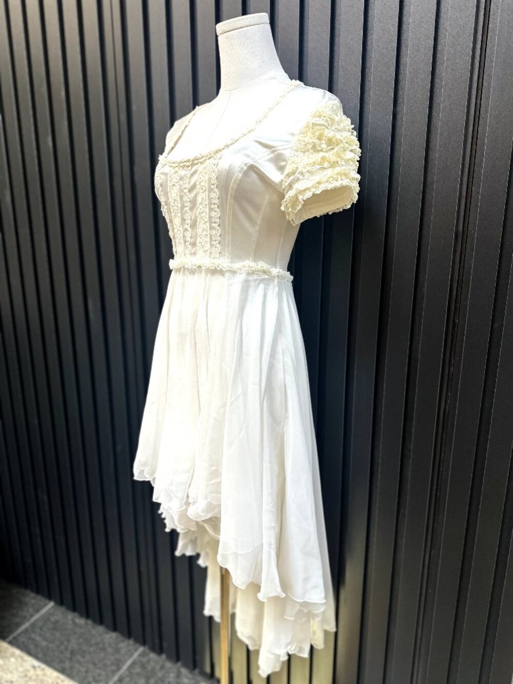 Ivory Satin Lace Trim Empire Waist High Low Dress